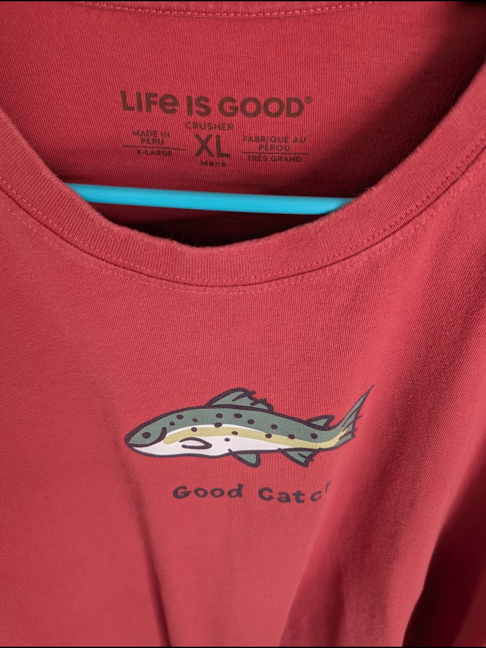 Life is Good Men's Red Crusher Tee with Fish Graphic XL